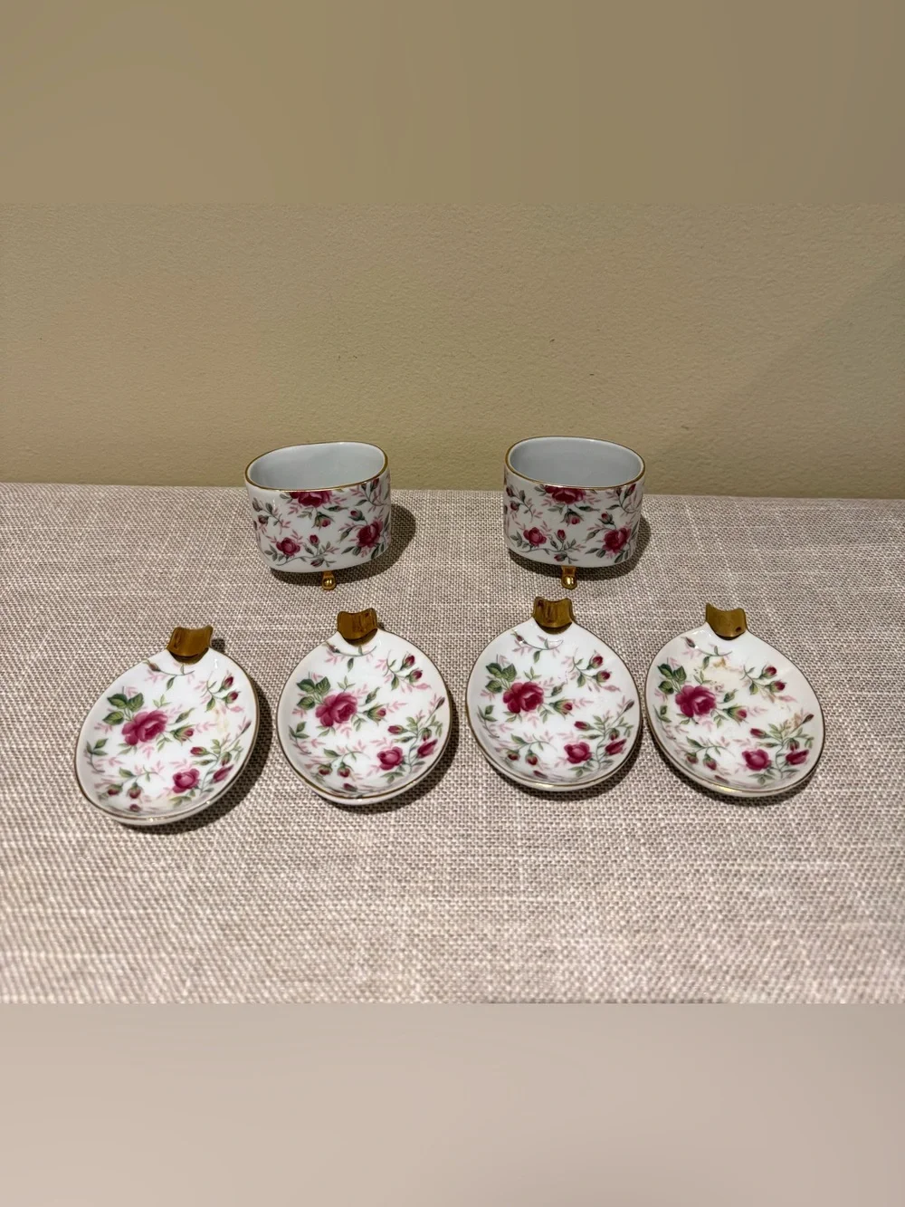 Vintage Lefton Rose Chintz Porcelain Cigarette Holder Ashtray Set 6pc